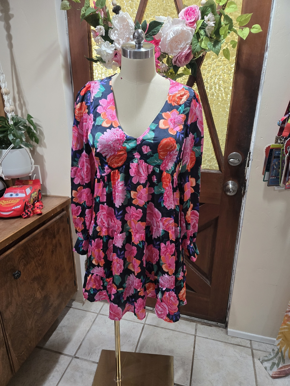 NWT miami Black Mini Dress with Bright Pink & Coral Floral Print